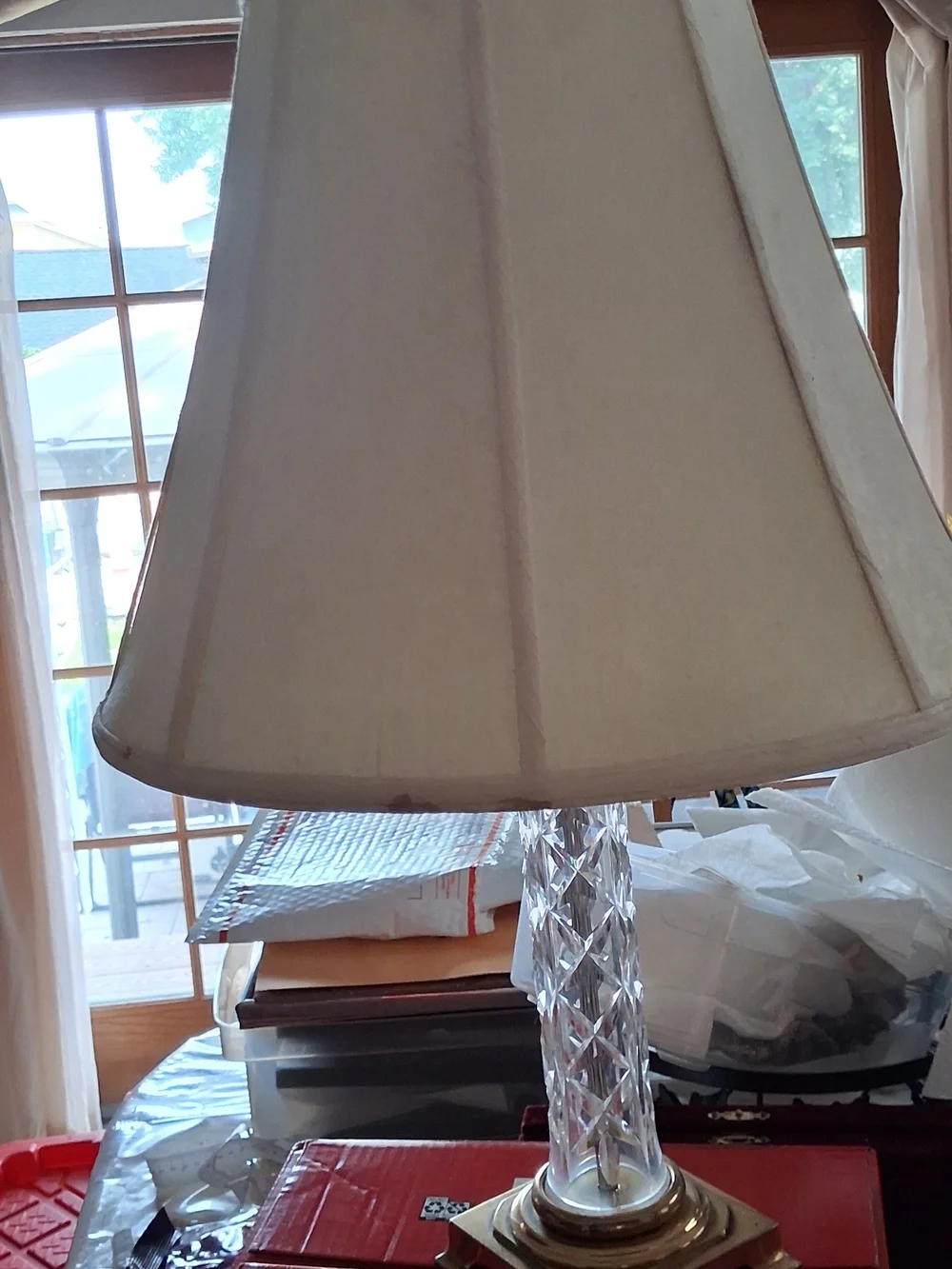 Clear Crystal Table Lamp with White Shade and Brass Base